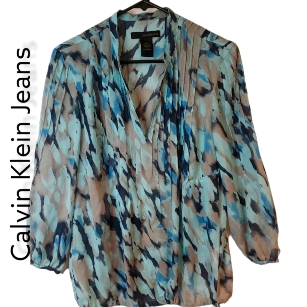 CALVIN Klein Sheer Blouse Pullover Pintuck V Neck 3/4 Sleeve Top Sz S - Picture 3 of 11